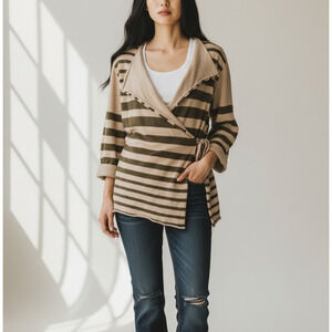 Y2K Tan Olive Stripe Wrap Shawl Collar Cardigan Self-Tie Long Sleeve Large